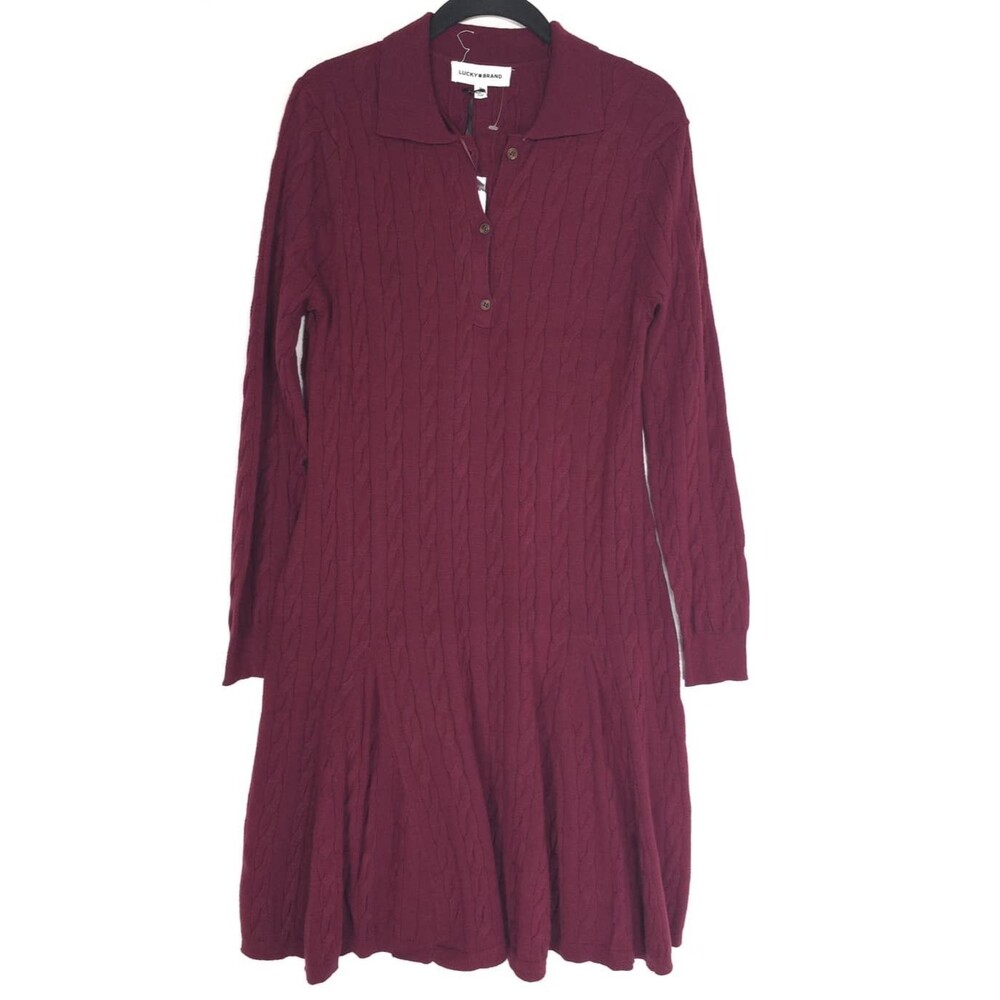 LUCKY BRAND Women’s New Sweater Dress Collared Burgundy MEDIUM Cable Knit